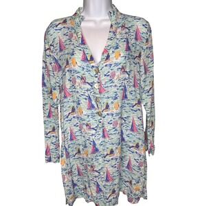 Michael's Womens Blue Linen Sailboat Print‎ Nautical Tunic Sz S Resortwear Artsy